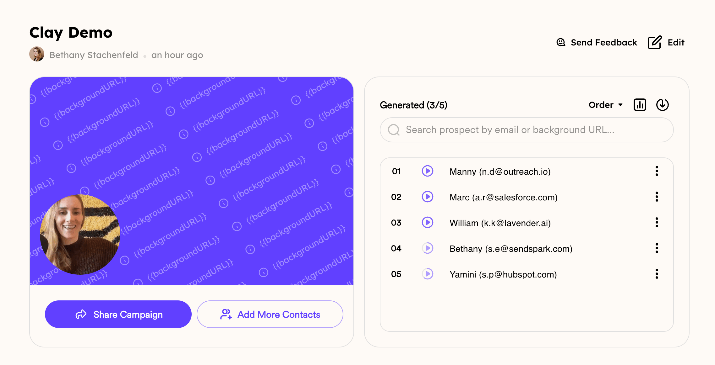 Sendspark campaign dashboard showing videos in generating status