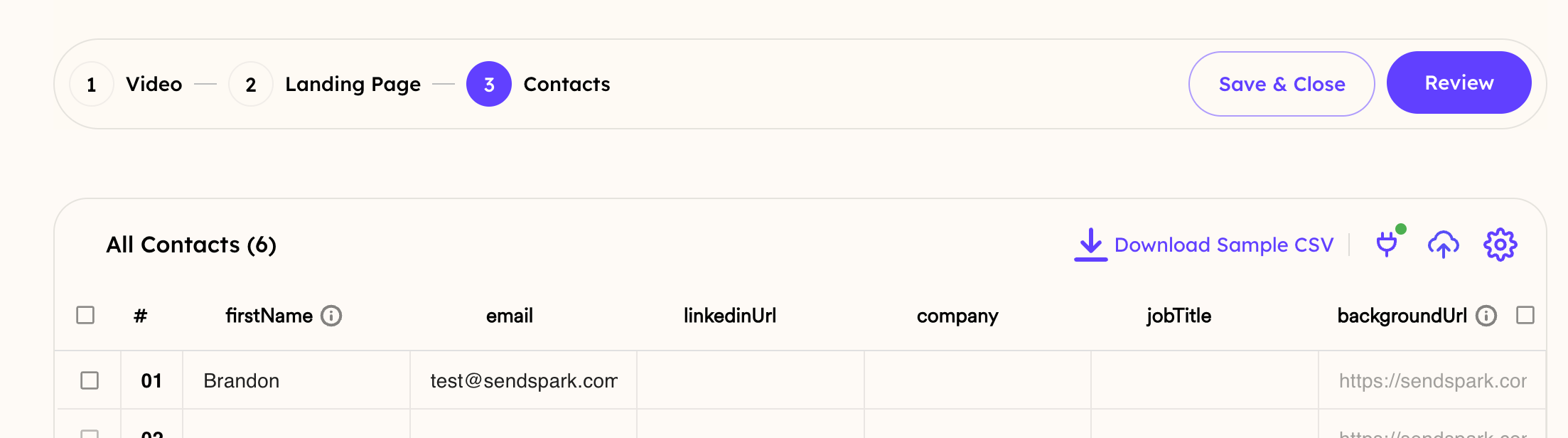 Sendspark contacts section showing test contact preview option