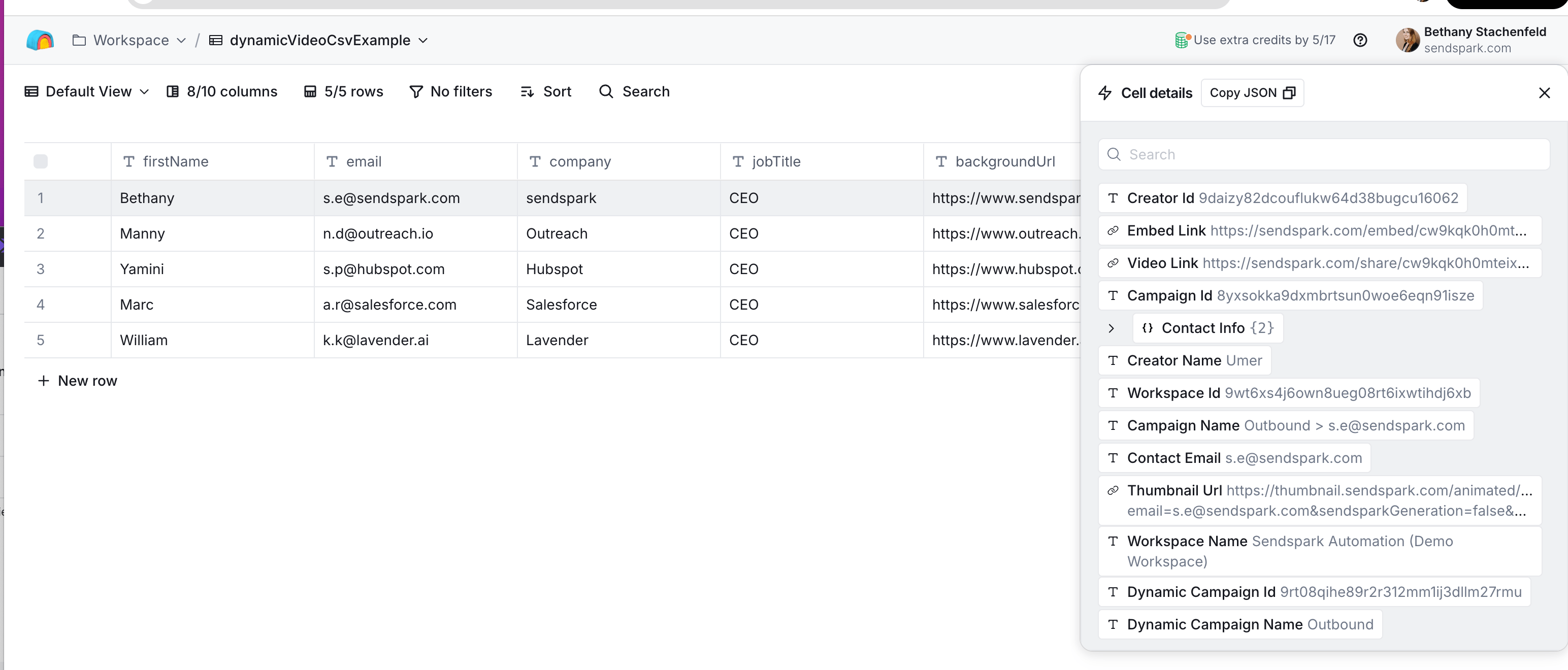 Clay success cell details showing video link, embed link, and thumbnail URL fields