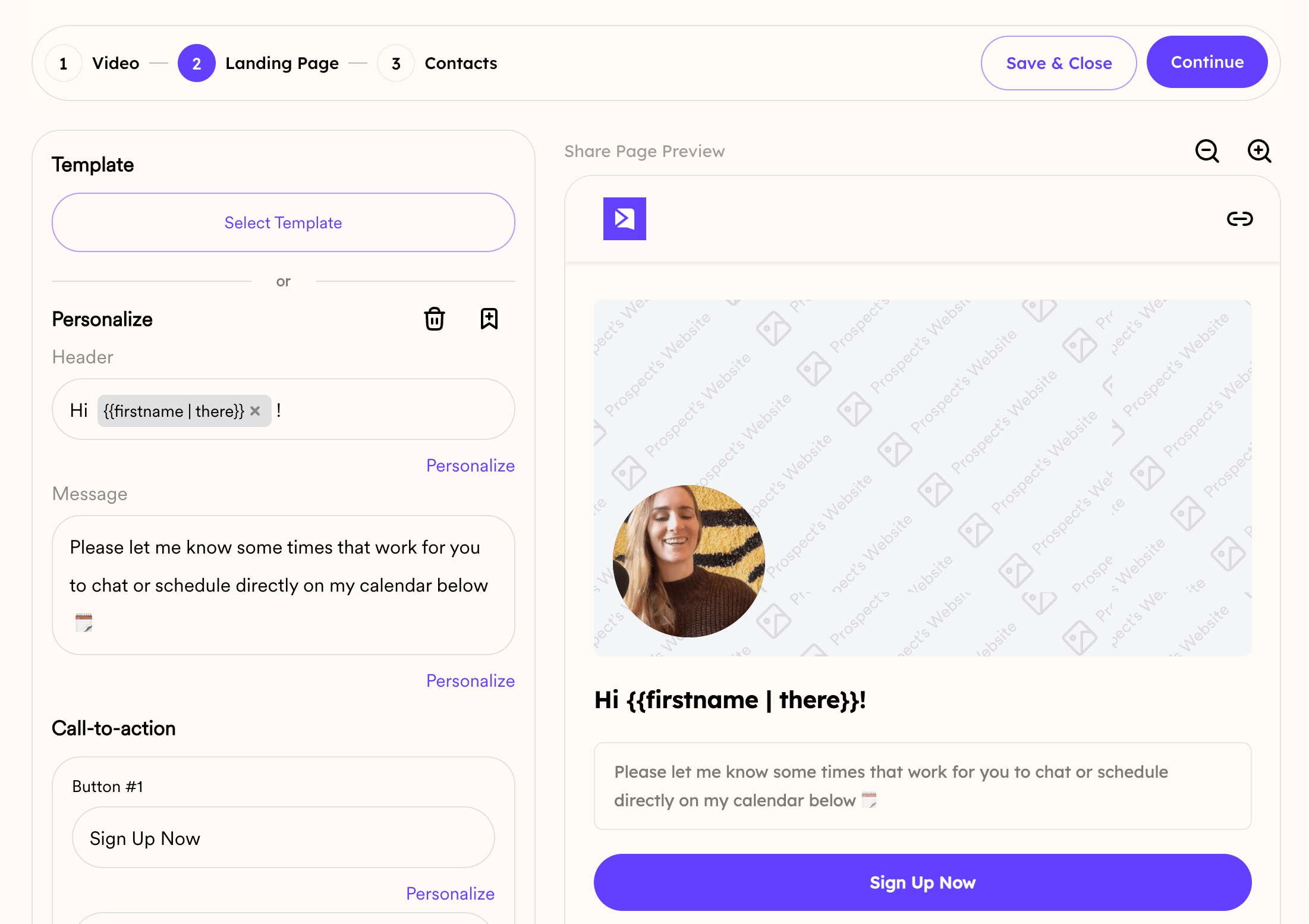 Sendspark landing page customization editor with text, CTA, and calendar options
