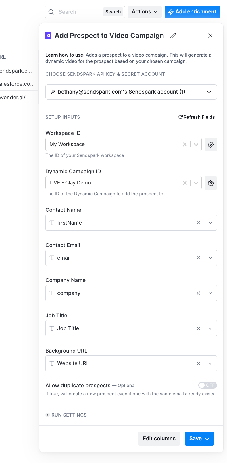 Clay Sendspark integration configuration with workspace and campaign ID dropdowns