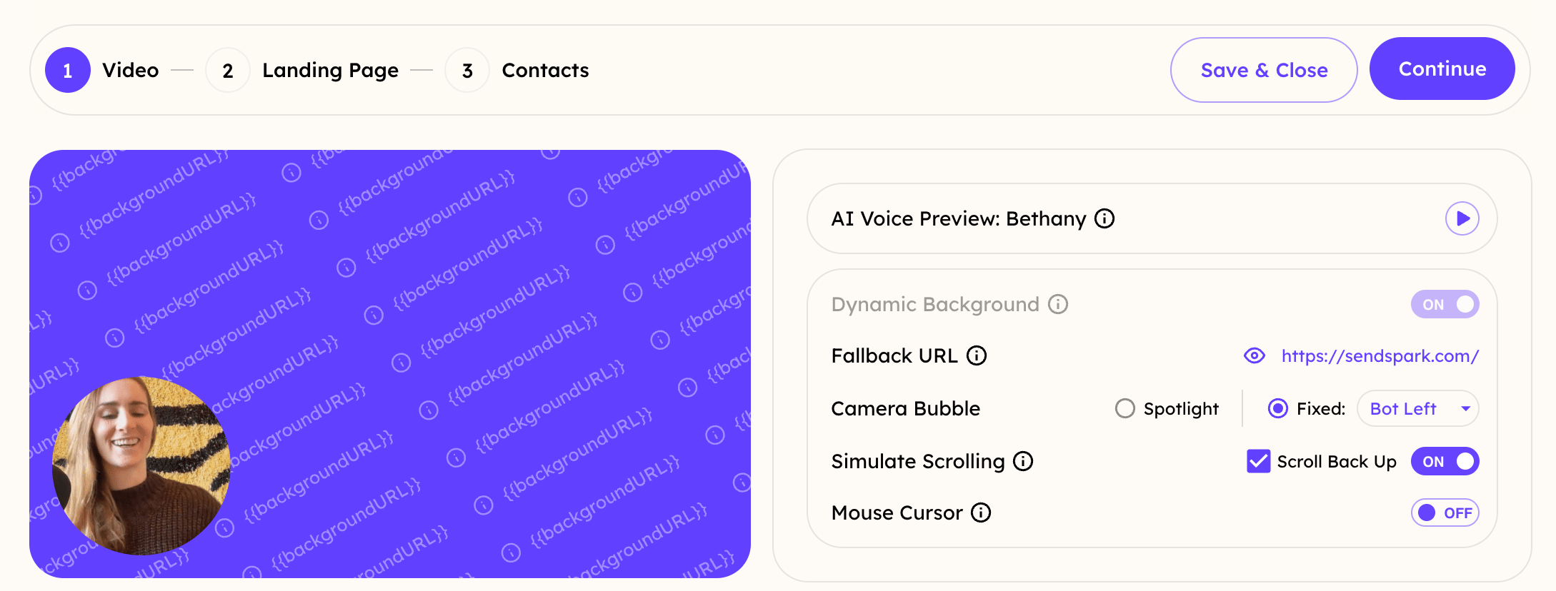 Sendspark dynamic video campaign recording interface with watermelon placeholder text