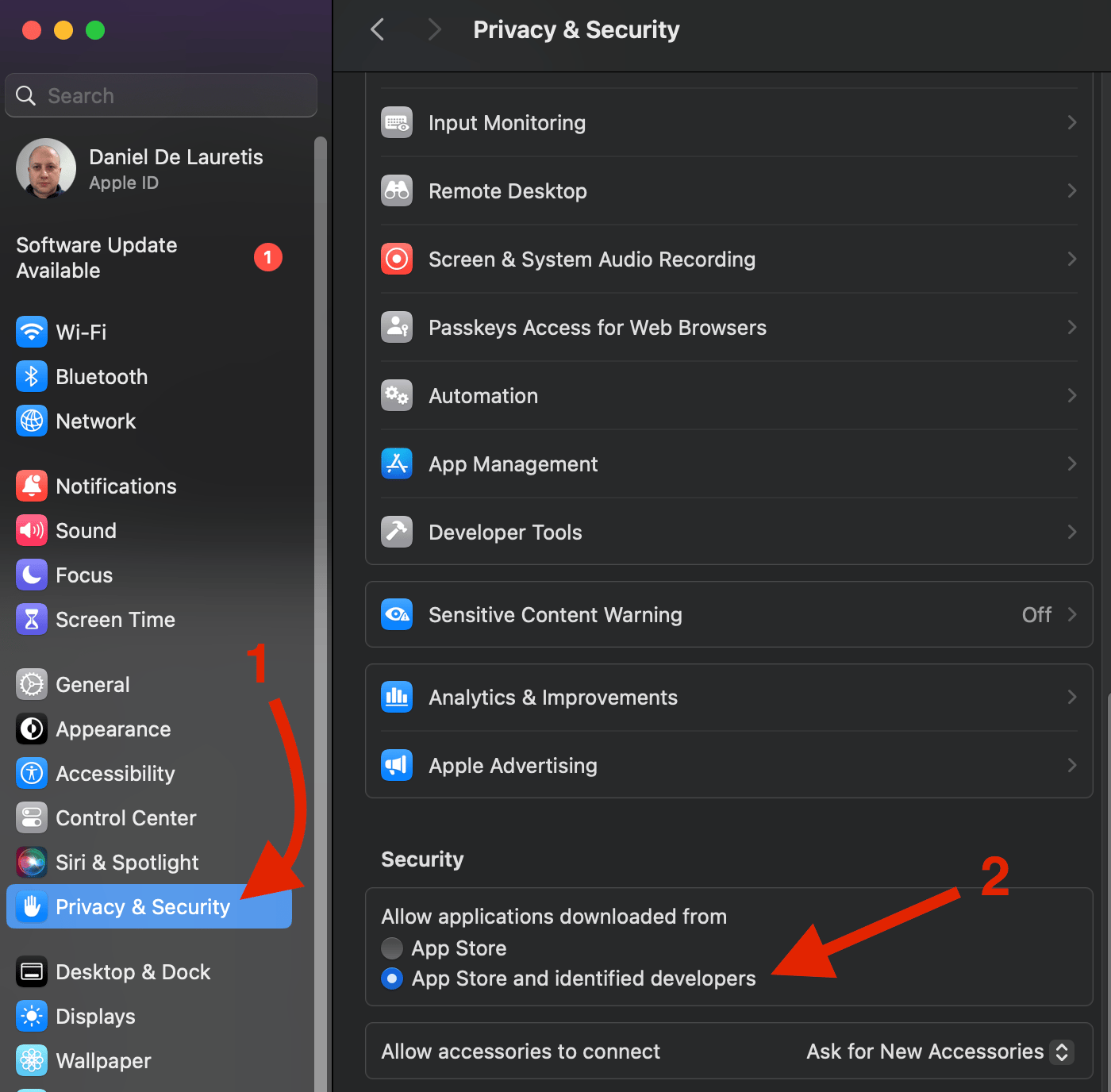 Mac Privacy and Security settings showing App Store and Identified developers option