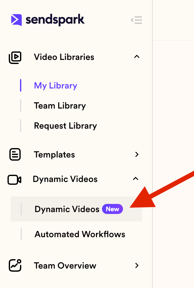 Sendspark account left sidebar with Dynamic Videos access button highlighted