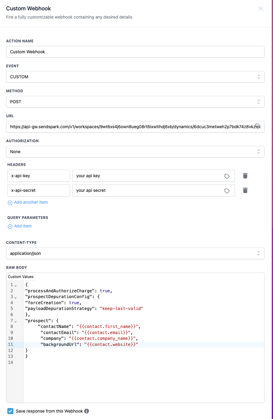 HighLevel Custom Webhook configuration with POST method and API headers
