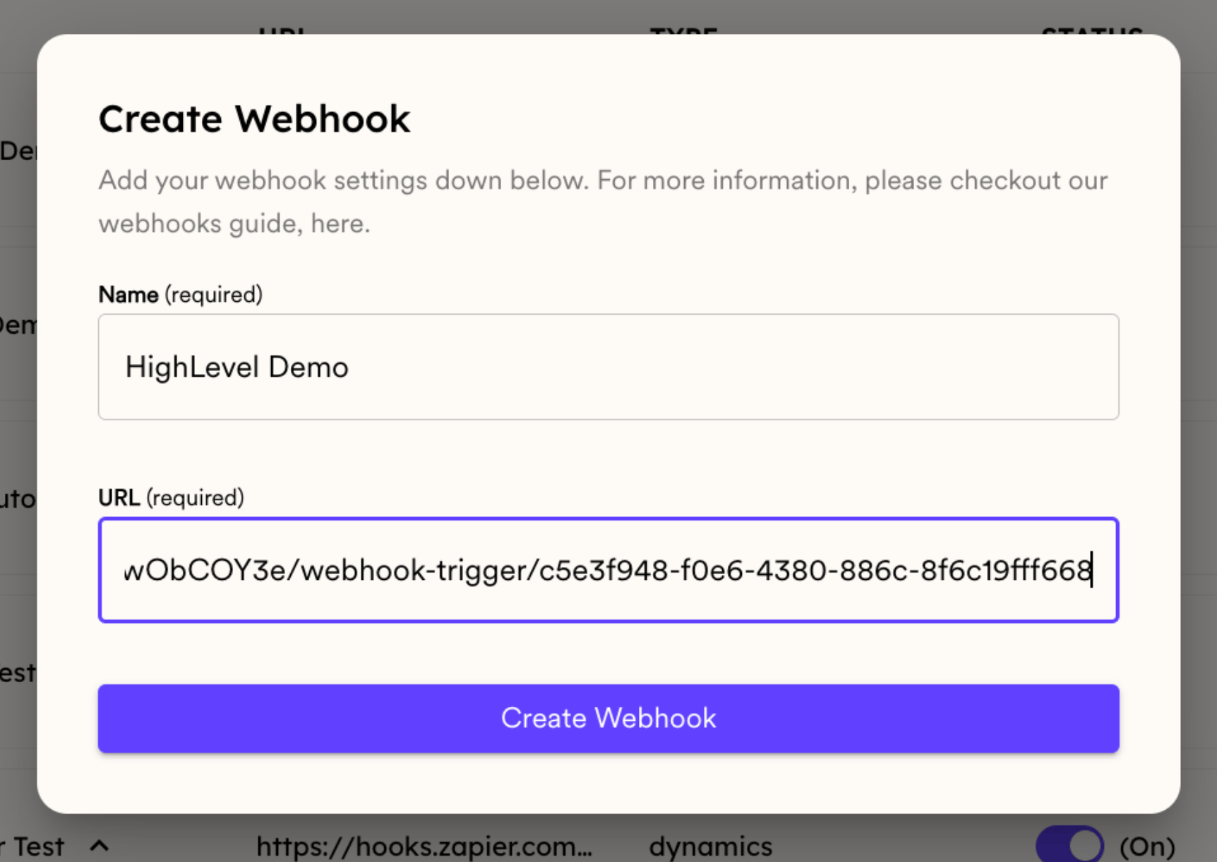 Sendspark Webhooks section with Create Webhook button and URL field