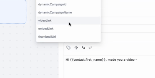 HighLevel Send SMS action with Custom Values and videoLink variable selected