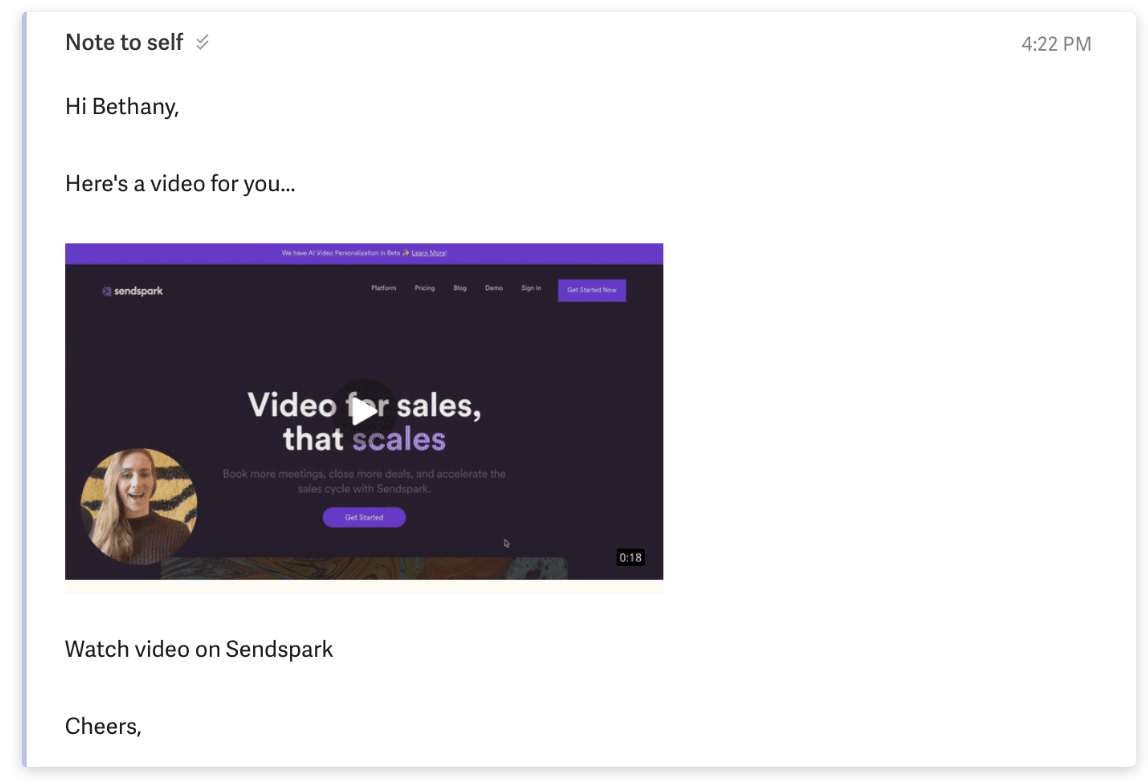 Sample email preview showing personalized video embedded in message