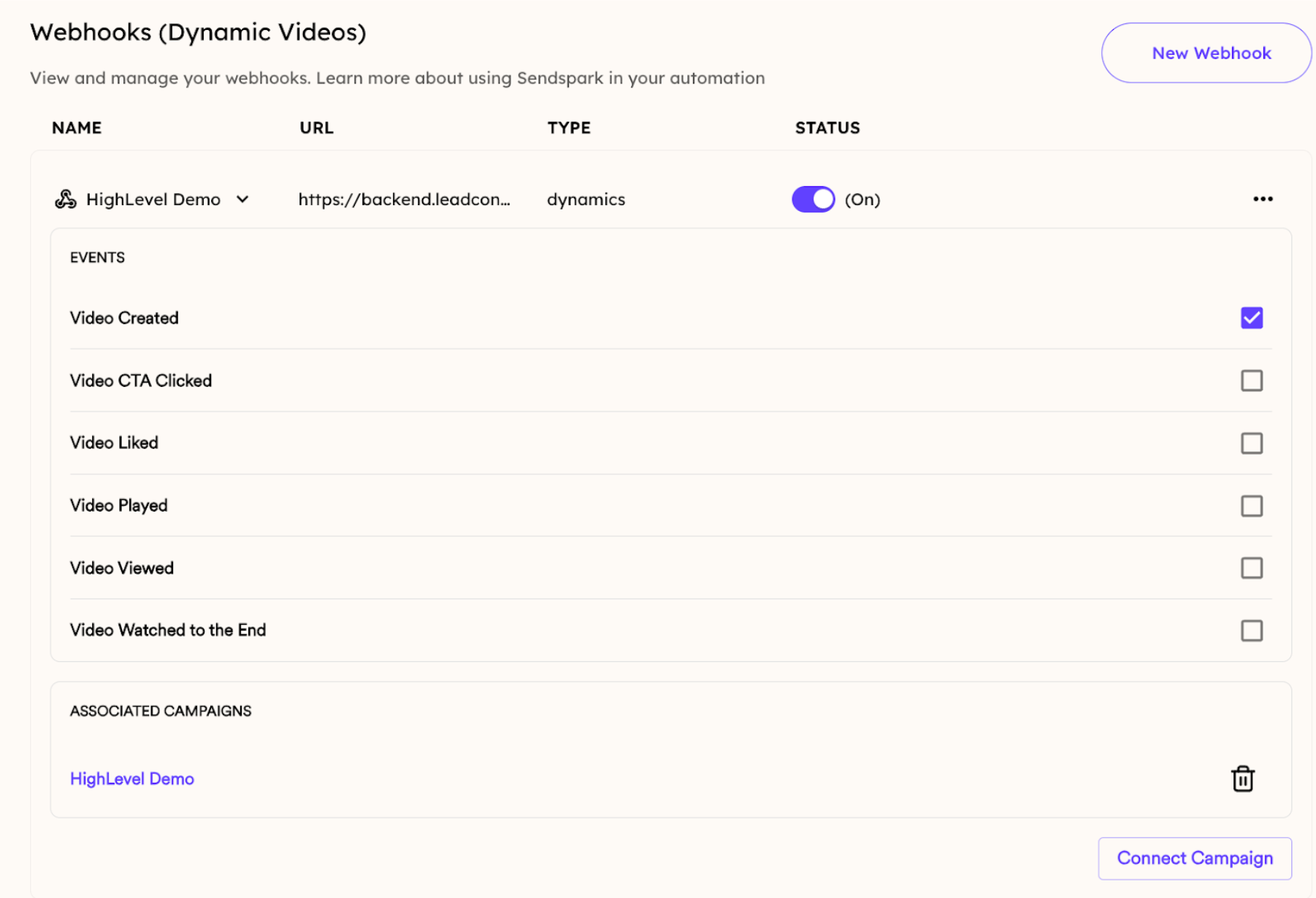 Sendspark webhook linked to dynamic video campaign in settings panel