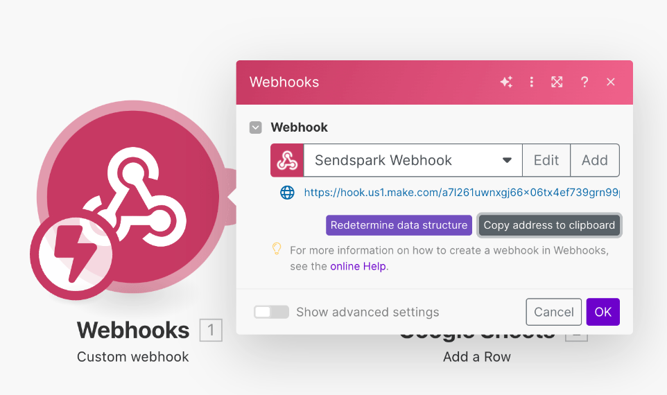 Make.com Custom Webhook module with URL copy button displayed