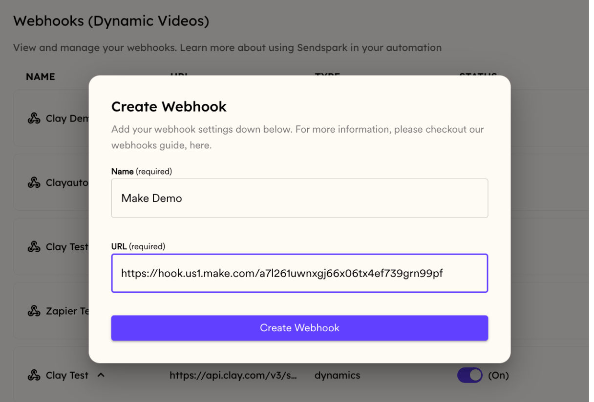 Sendspark Webhooks section with Create Webhook form and URL field