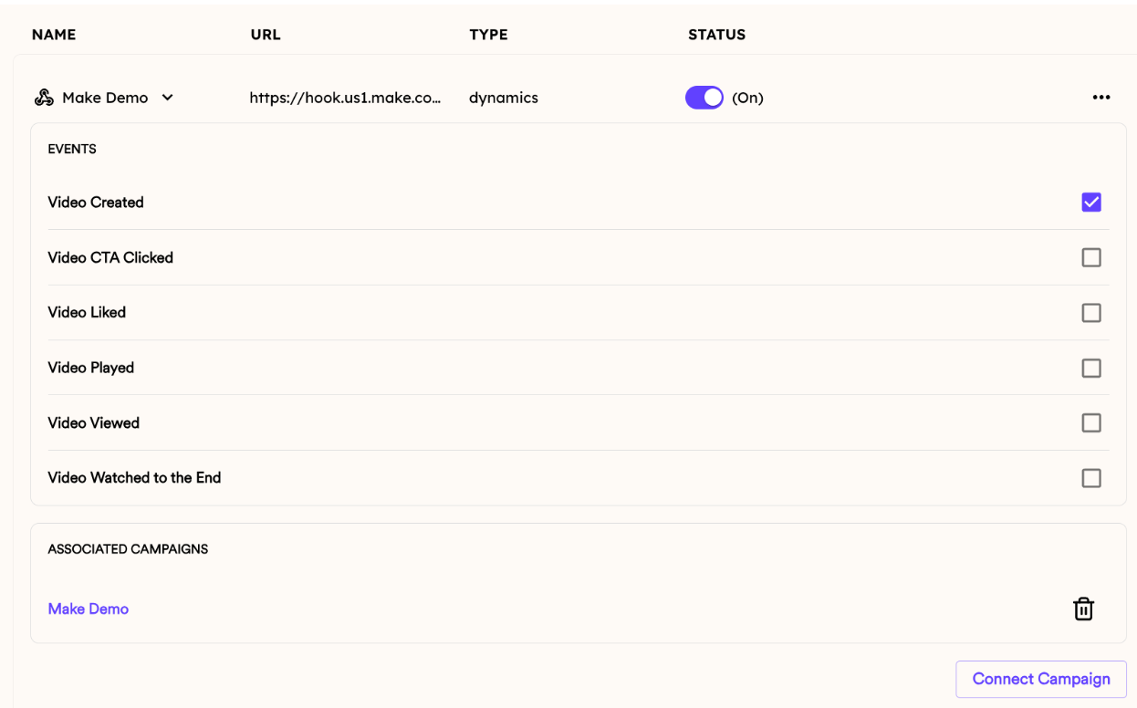 Sendspark dynamic video campaign linked to webhook for video generation events