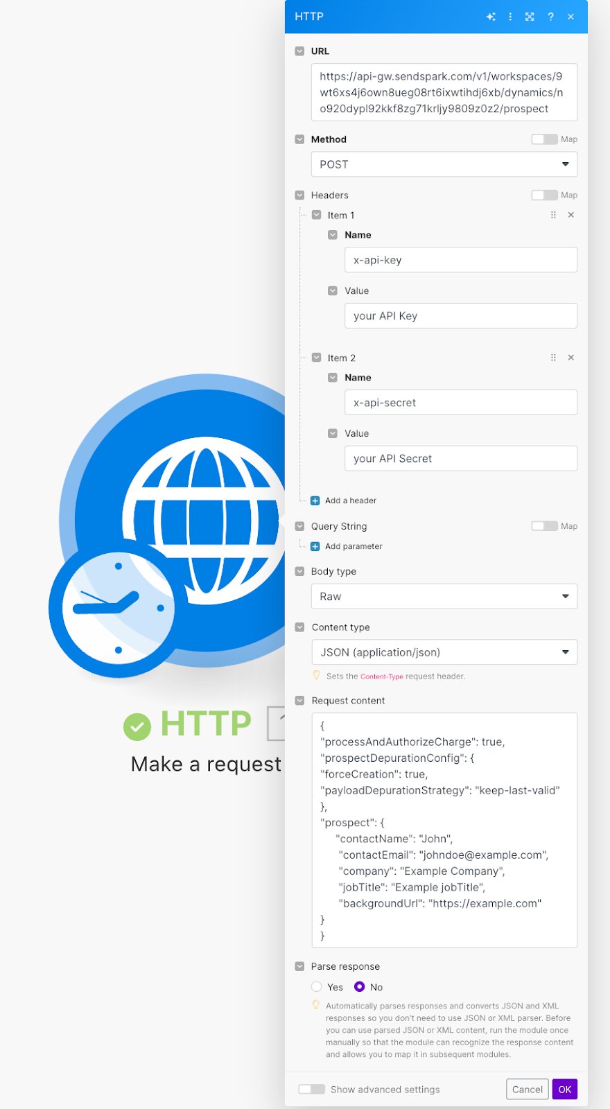 Make.com HTTP Request filled with API credentials and body parameters