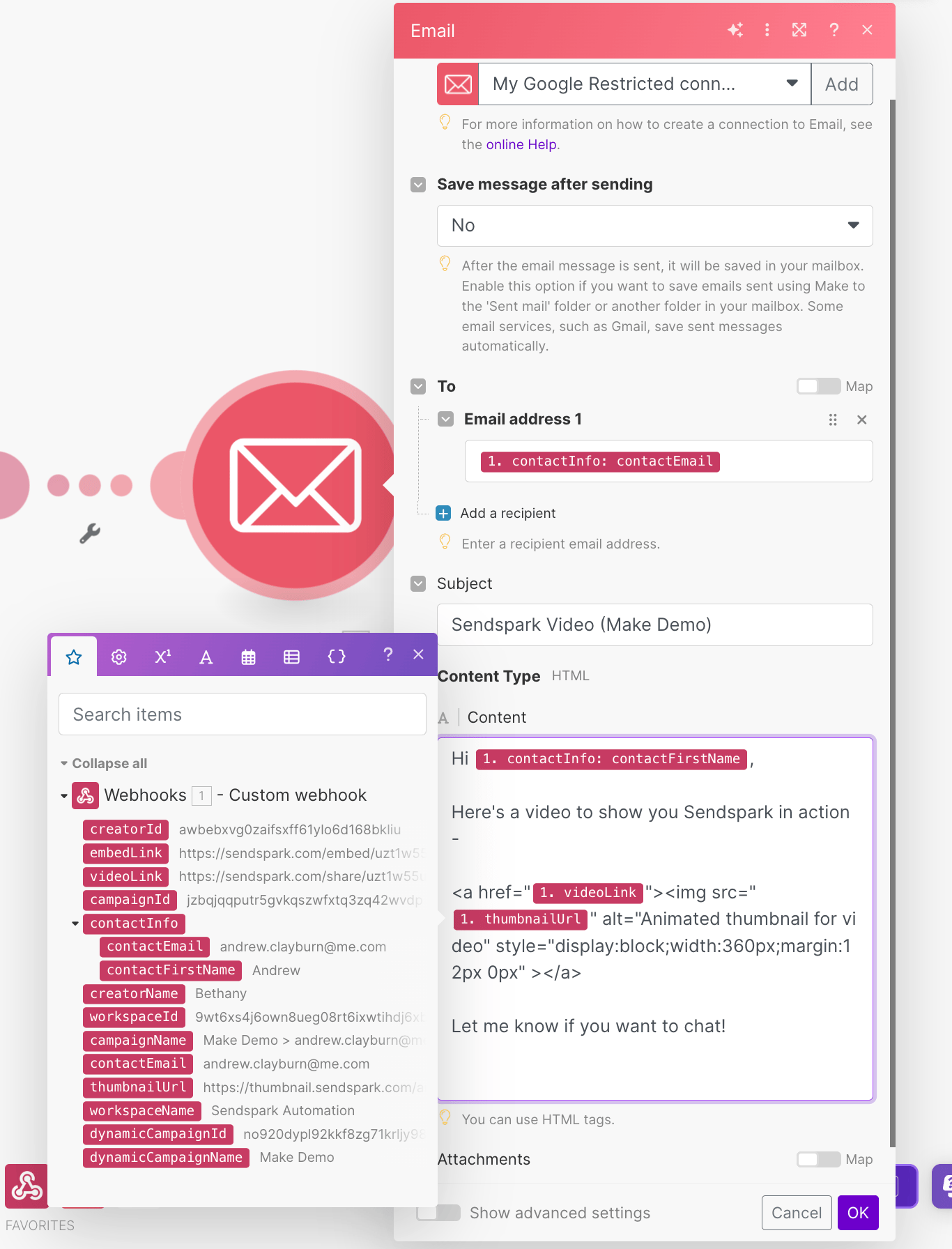 Make.com Email module with Sendspark webhook variables contactEmail and videoLink