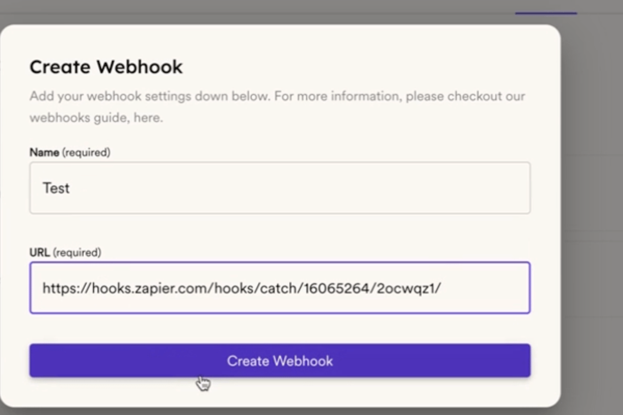 SendSpark webhook configuration panel with URL paste field