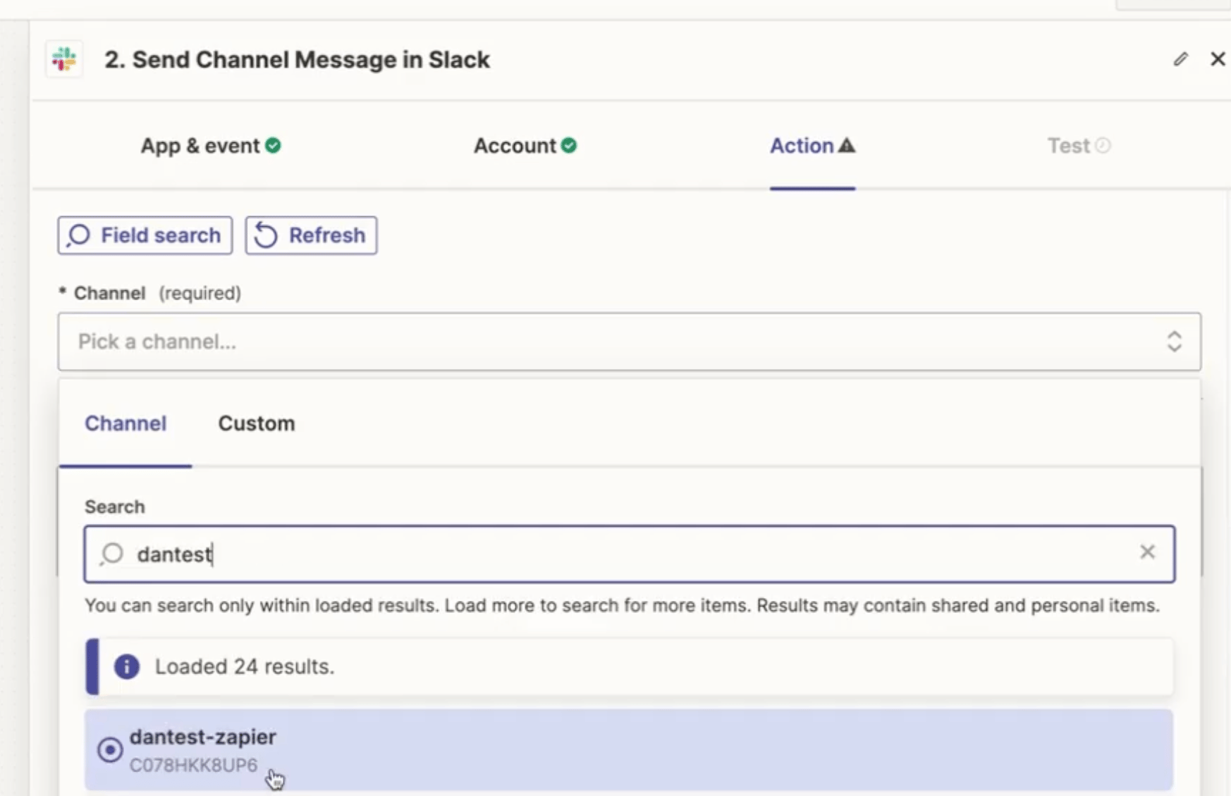 Zapier Slack channel selection dropdown menu for message delivery