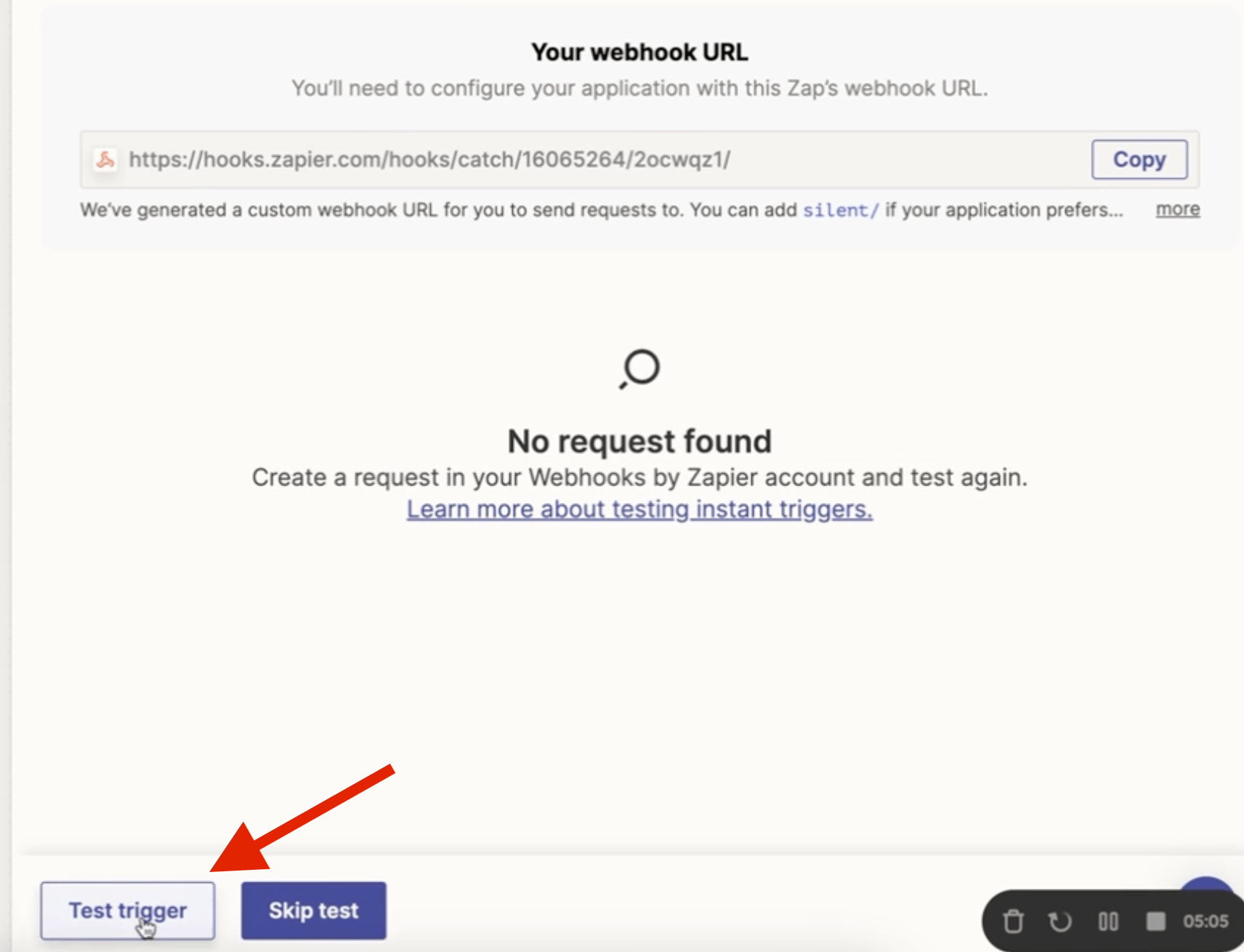 Zapier Test Trigger button in webhook configuration interface