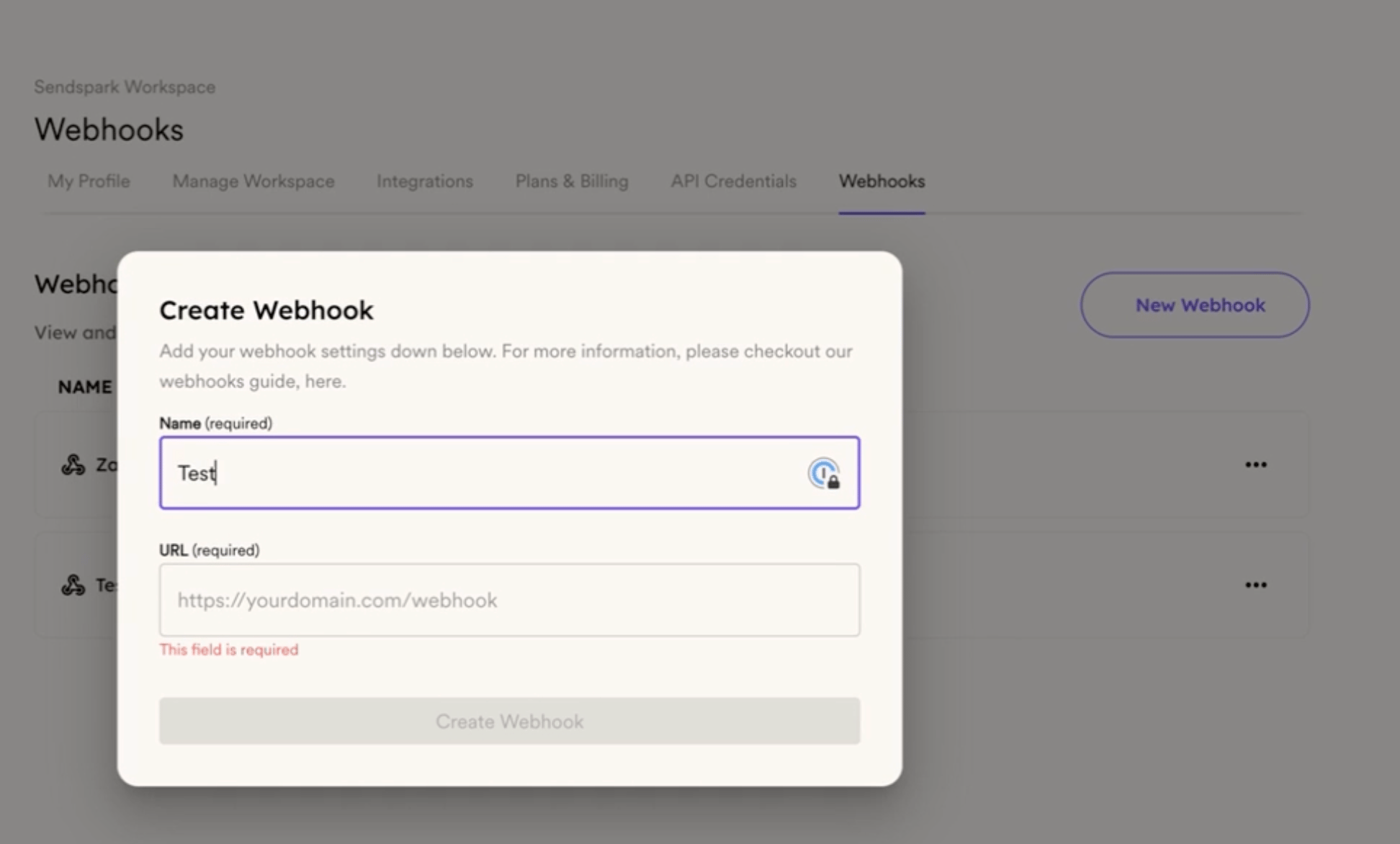 SendSpark webhook creation form with name field highlighted
