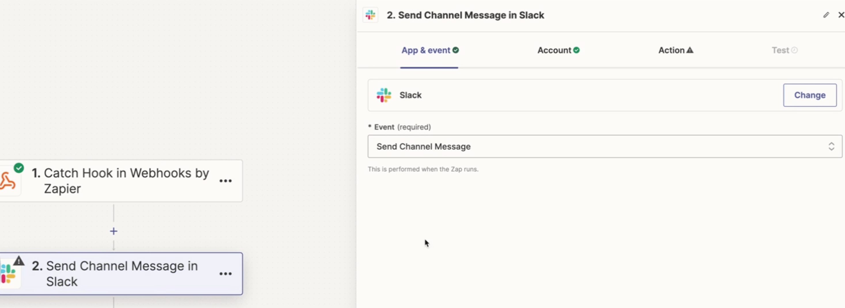 Zapier action selection showing Slack Send a Message option