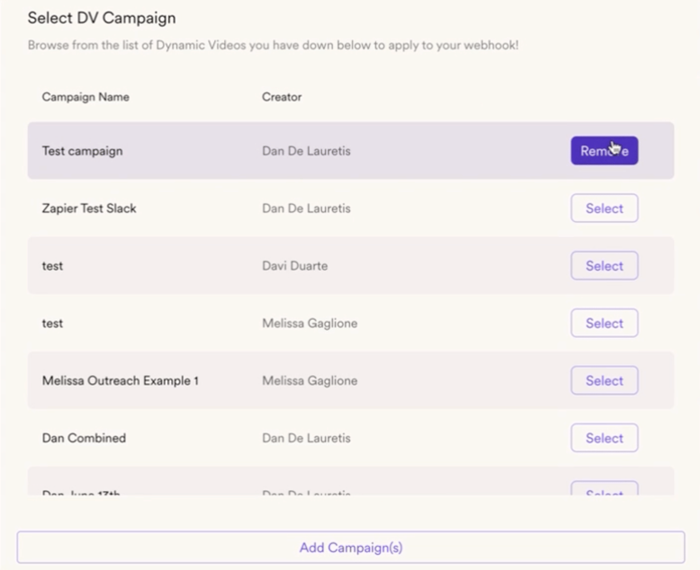 SendSpark Dynamic Video Campaign webhooks section with campaign selection