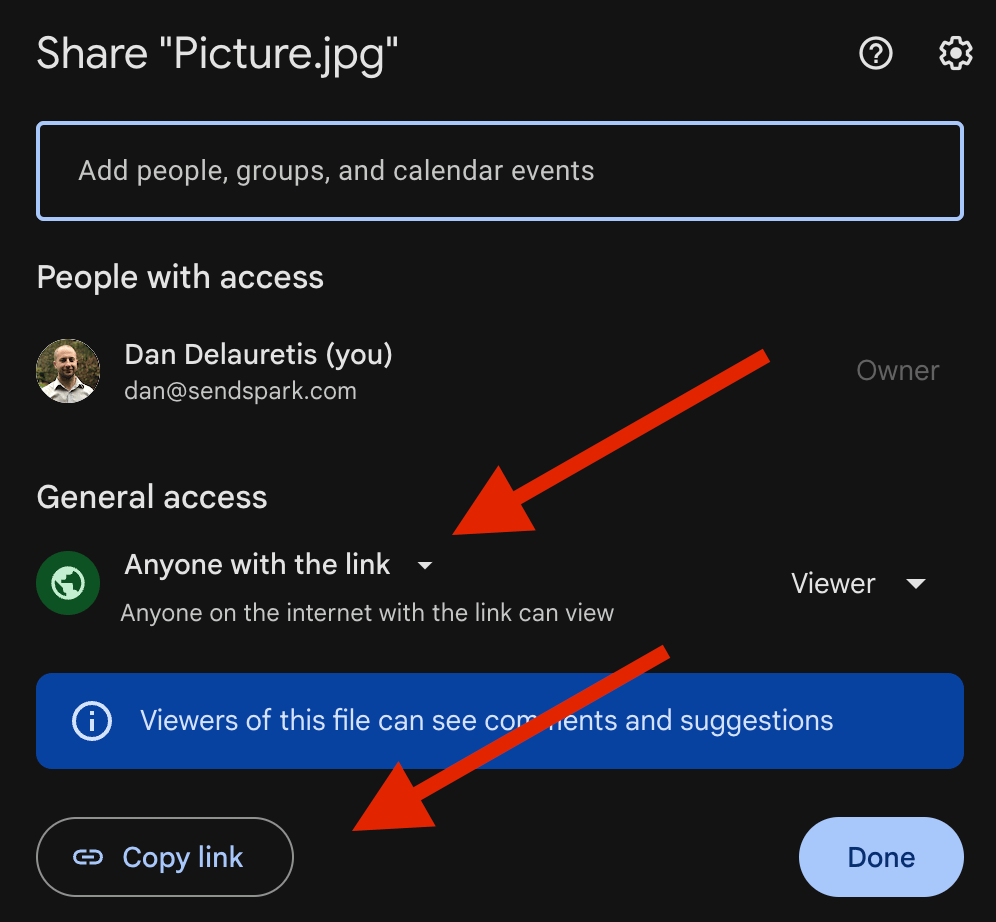 Google Drive file link URL format showing original and edited link examples