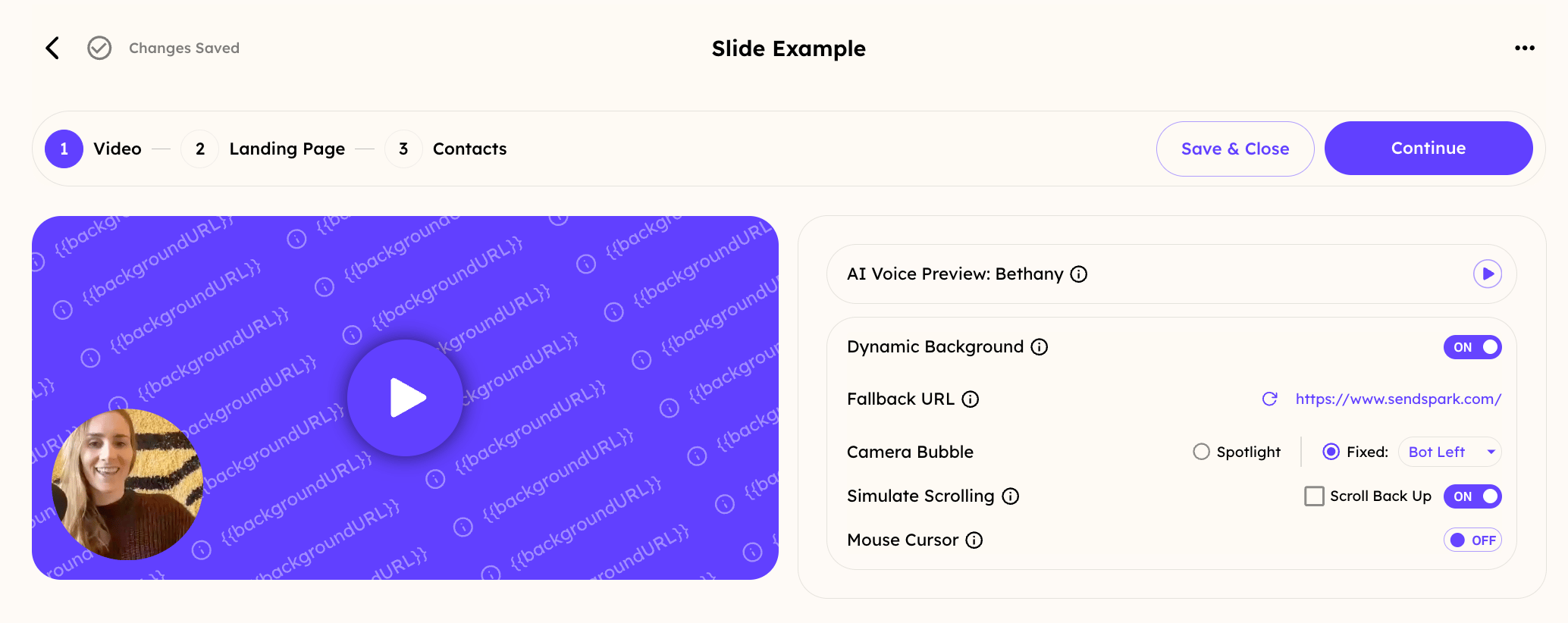 Sendspark dynamic video editor with background toggle and scroll settings