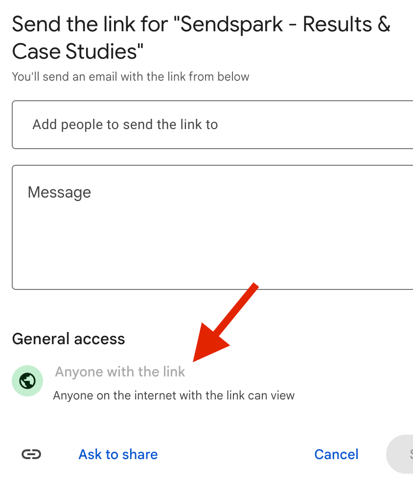 Google Slides share settings dialog with public access permissions enabled