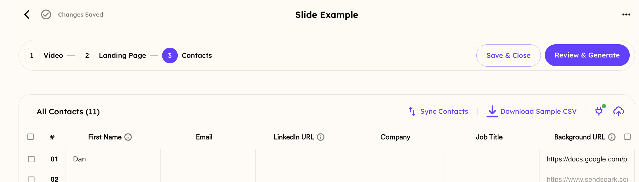 Sendspark background URL field with Google Slides URL pasted in