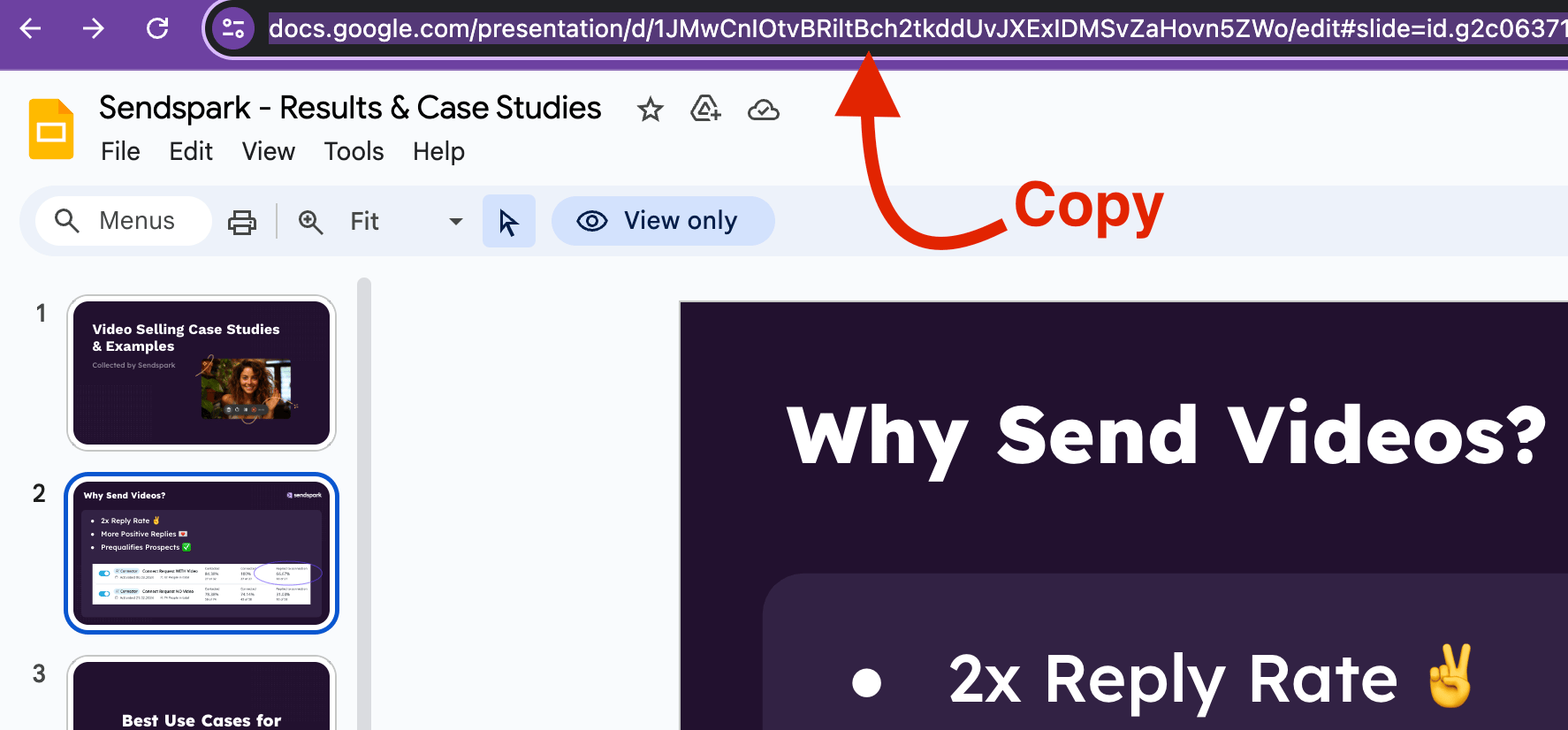 Google Slides URL highlighted in browser address bar for copying