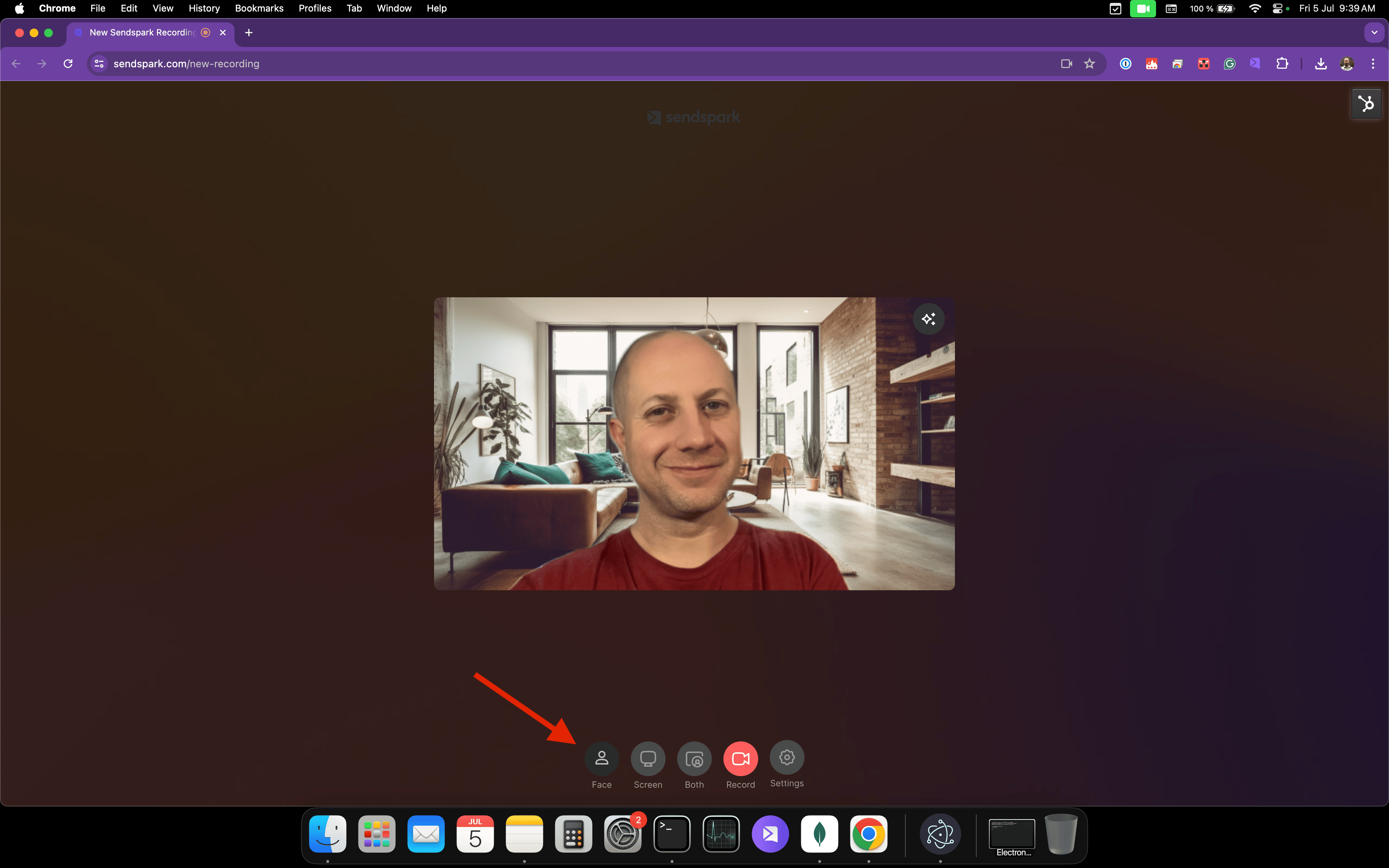 Sendspark recording method selection menu showing Face mode option highlighted