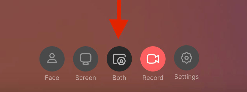 Sendspark recording mode icons at bottom showing Both mode as active selection