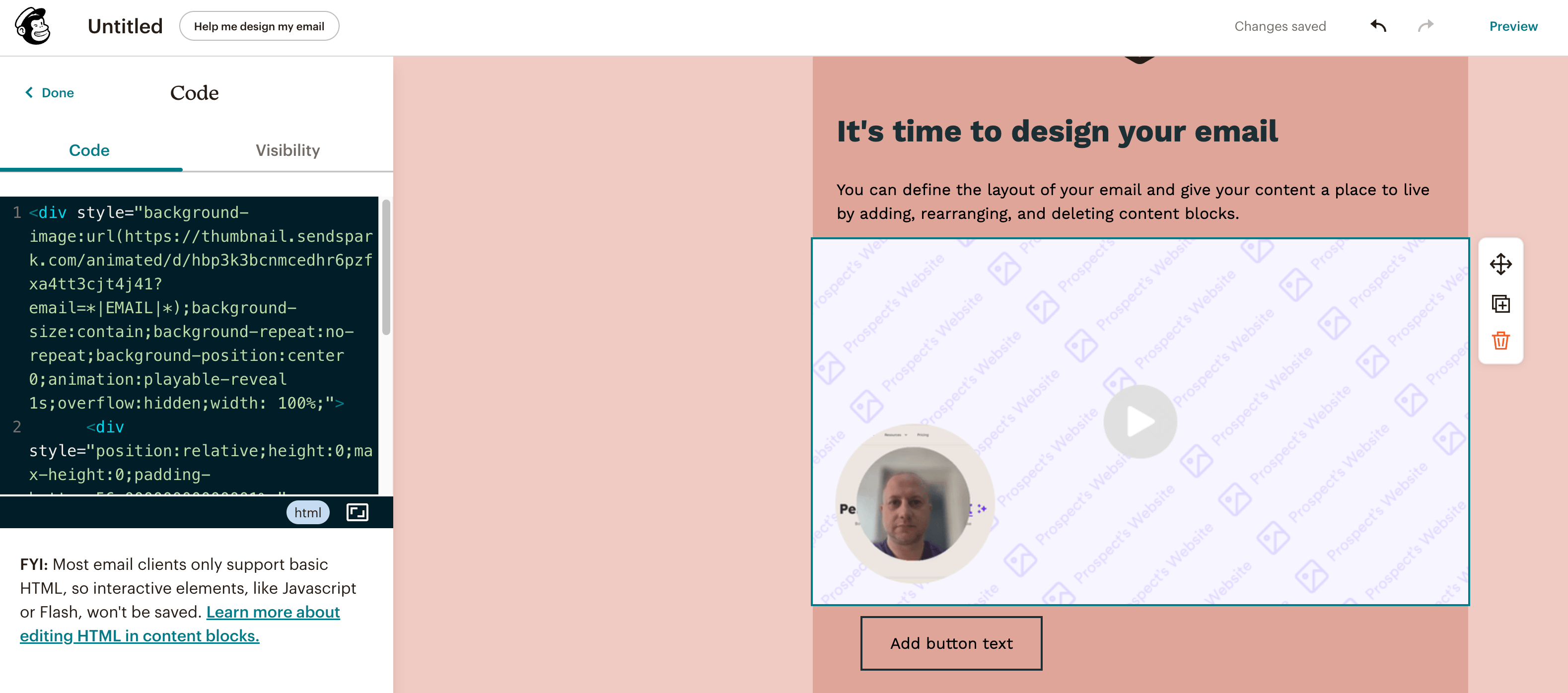 HTML editing section in email automation platform with Sendspark video snippet code pasted
