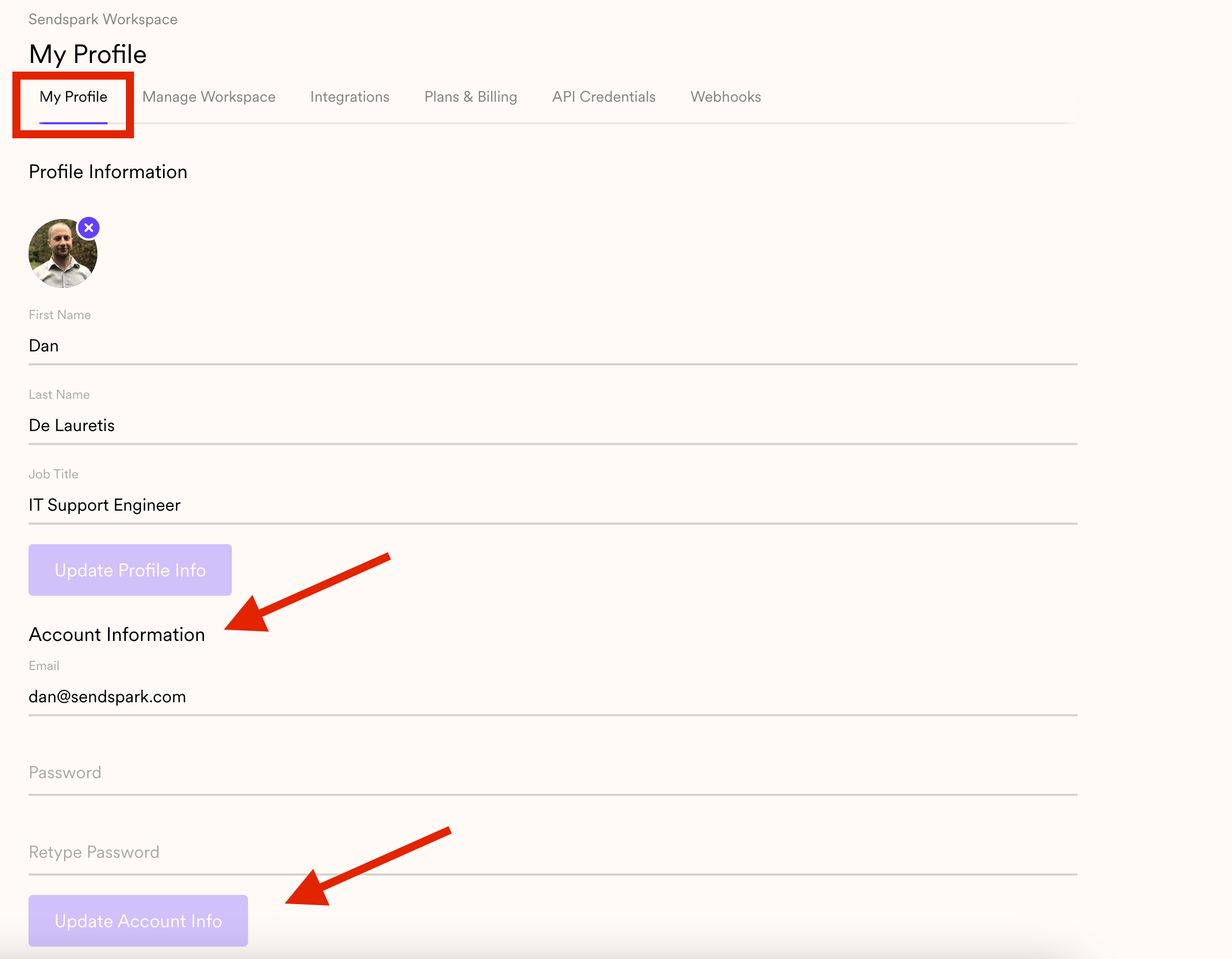 Sendspark user profile page displaying account settings