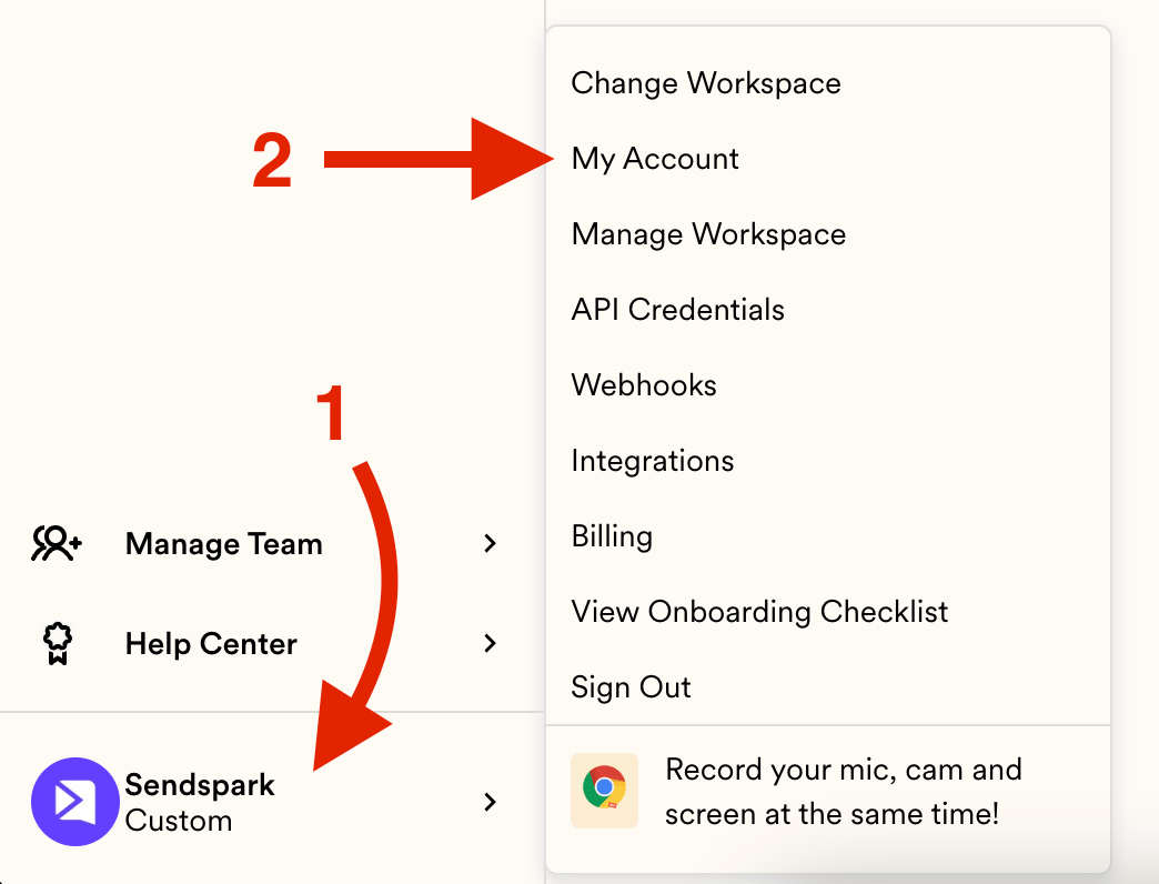 Sendspark menu dropdown with My Account option highlighted
