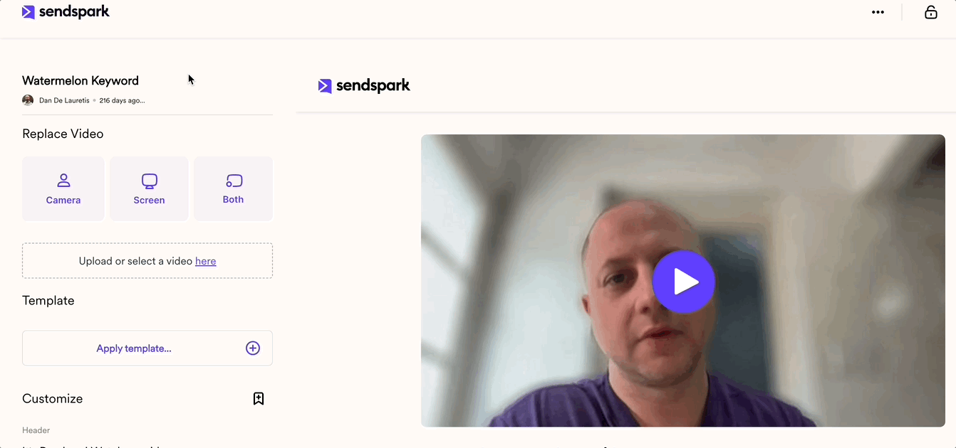 Video edit section with clickable name field for renaming