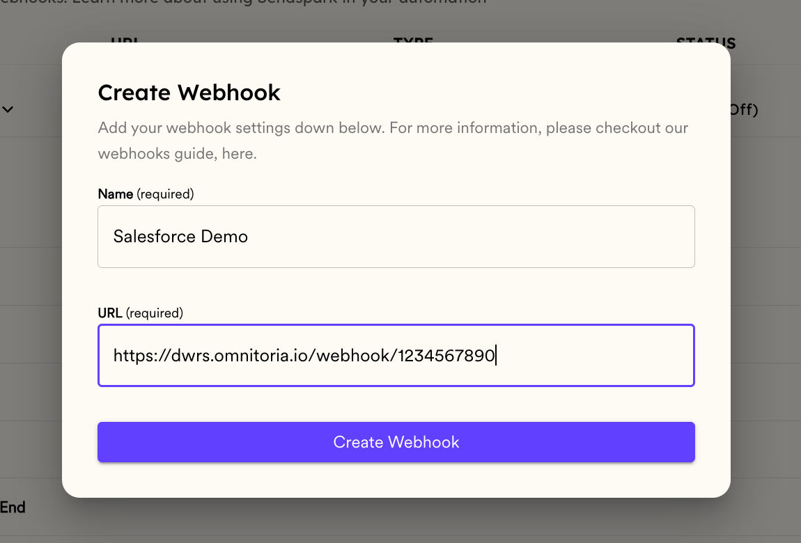 Sendspark webhook settings page with title and URL input fields