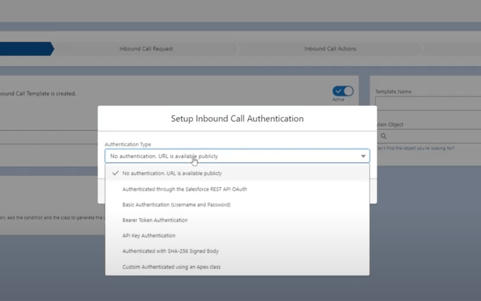 Call authentication setup section with security configuration options