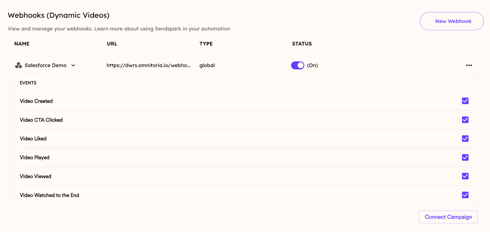 Sendspark event checkboxes for Video Created, Played, Viewed selections