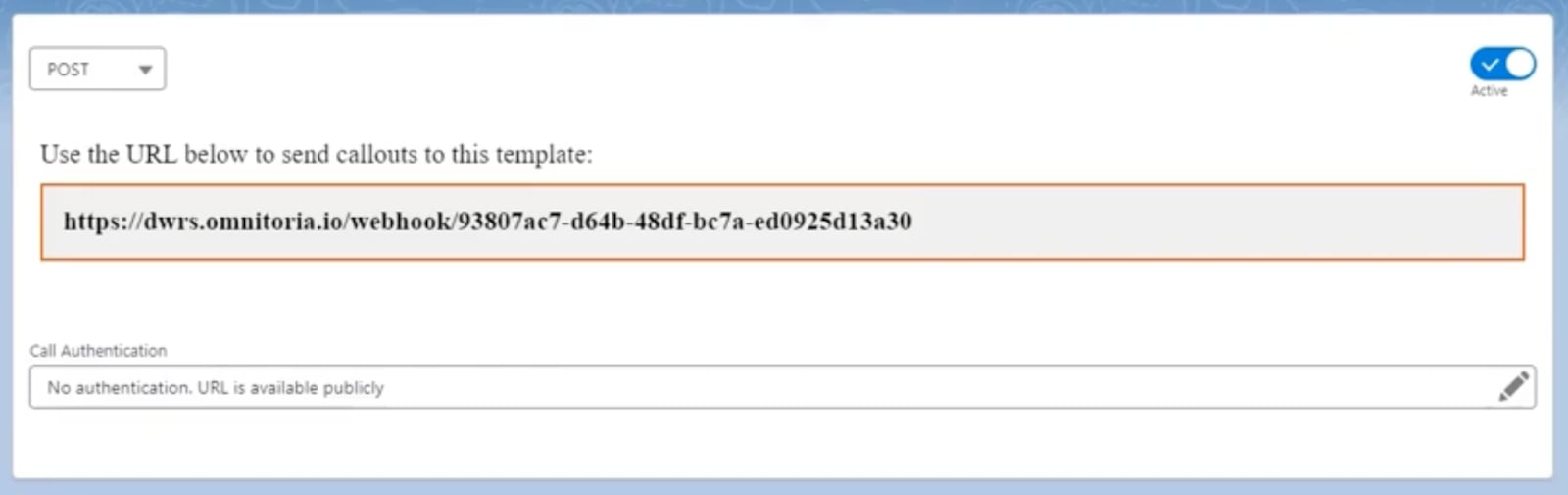 Webhook URL display showing the endpoint to copy for integration