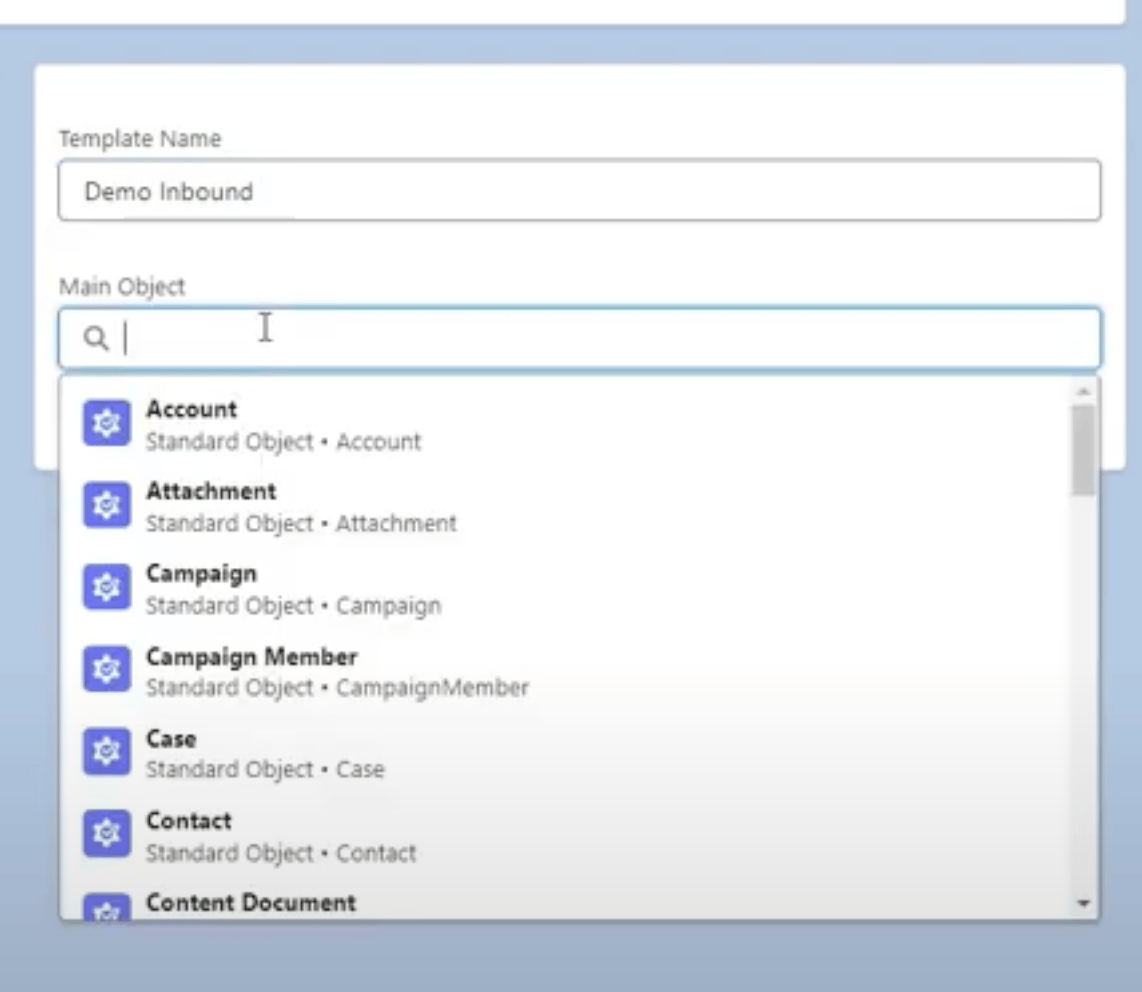 Main object selection dropdown for webhook template mapping