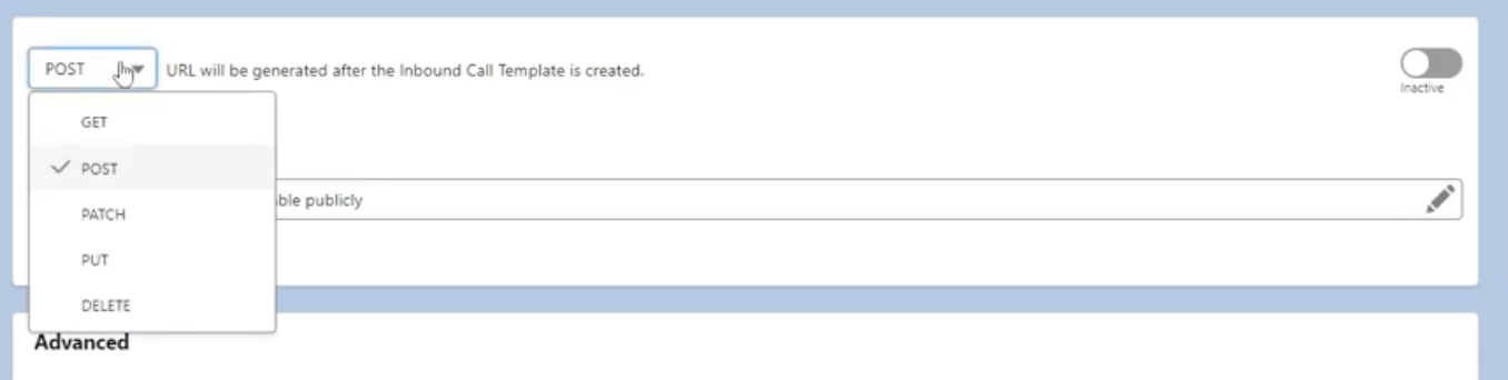 HTTP method selection dropdown menu for webhook configuration