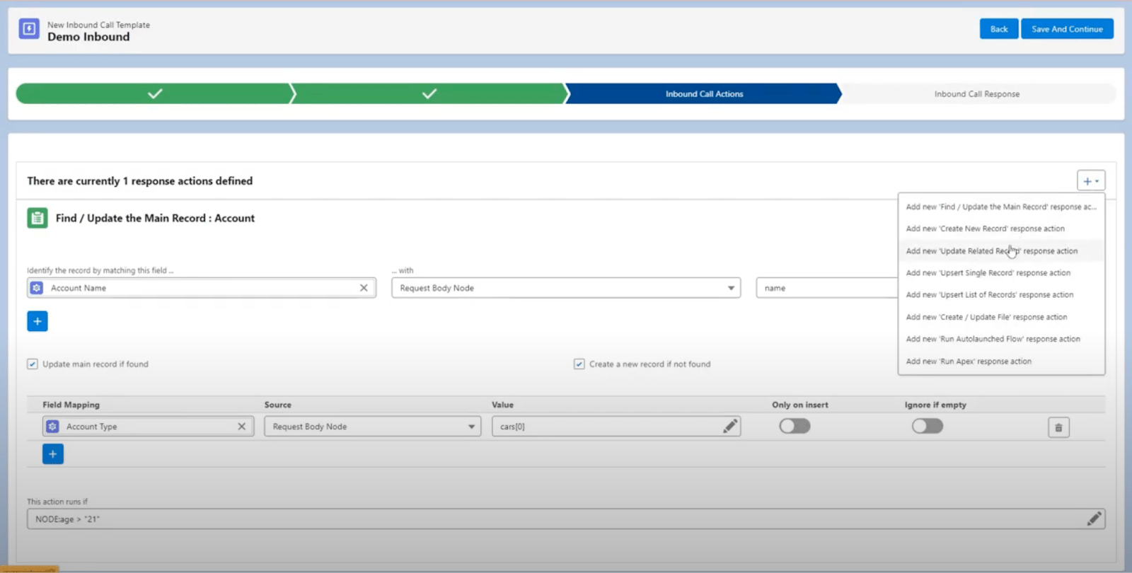 Field mapping interface showing Sendspark data matched to Salesforce fields