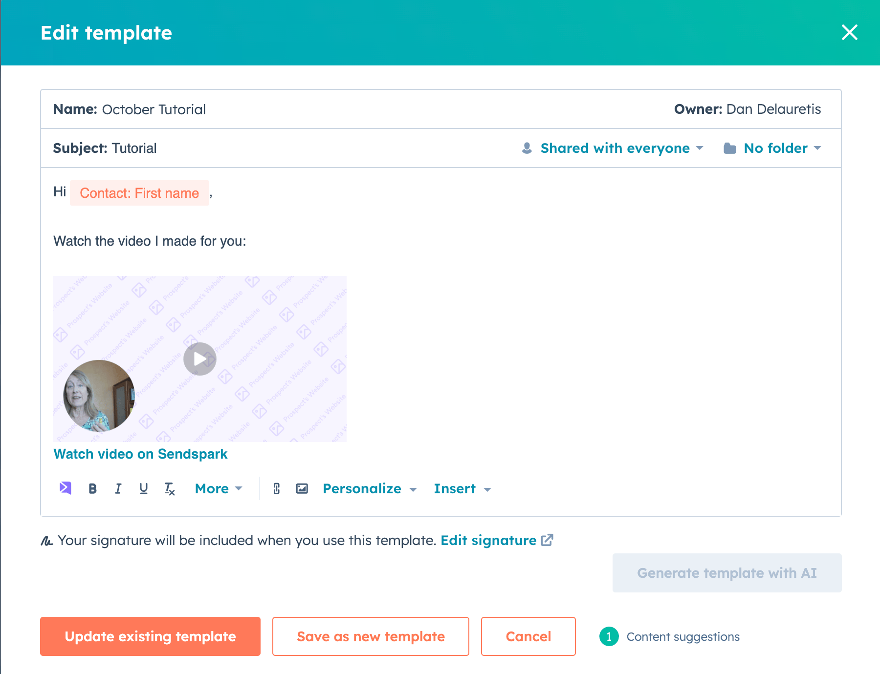 HubSpot Edit template dialog with Sendspark video thumbnail pasted into the email