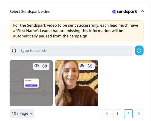 Sendspark dynamic video campaigns listed as thumbnails to select
