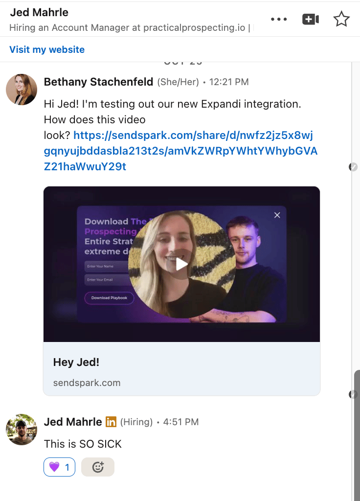 Personalized Sendspark video in a LinkedIn message with positive reply