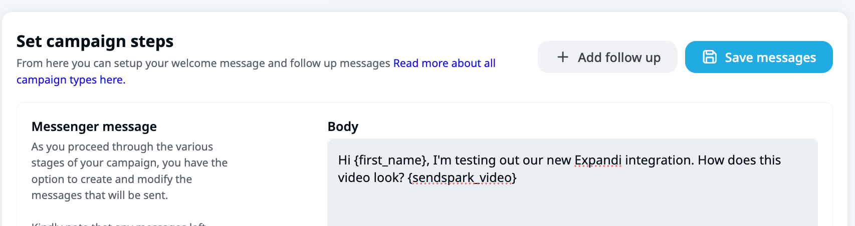 Expandi Set campaign steps screen with Save messages button