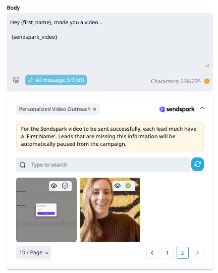 Sendspark_video placeholder added to Expandi message body text