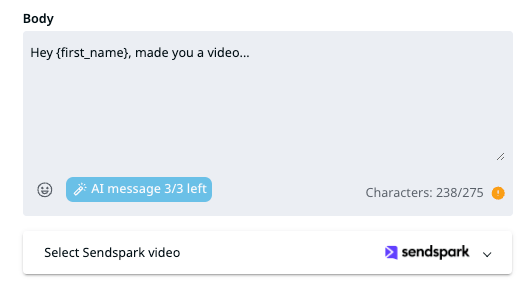 Expandi message body with Select Sendspark video dropdown below