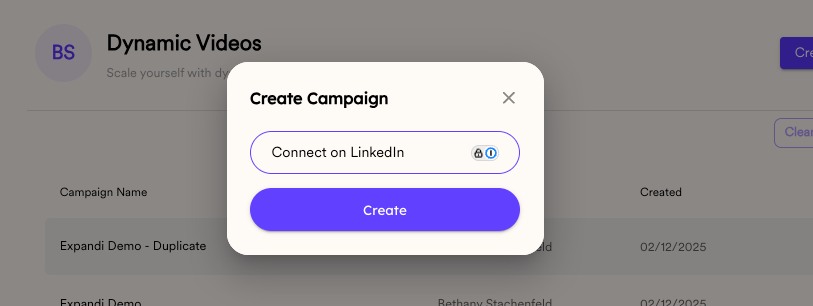 Create Campaign dialog on Sendspark Dynamic Videos page