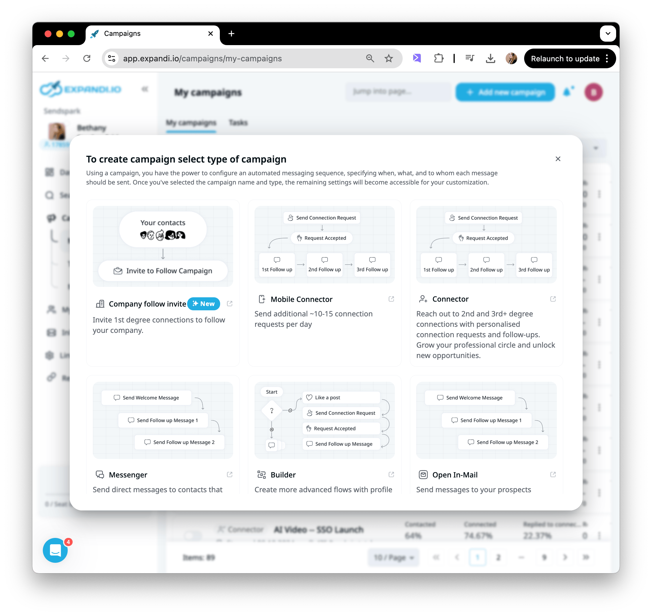 Expandi campaign type selection modal with connector and messenger options
